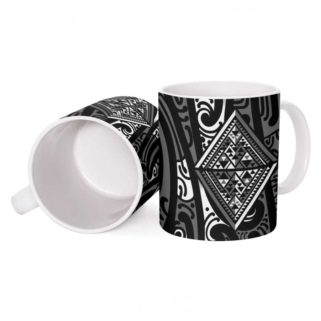 New Zealand Maori Taniko Ceramic Mug Black Kowhaiwhai Puhoro - Polynesian Pride