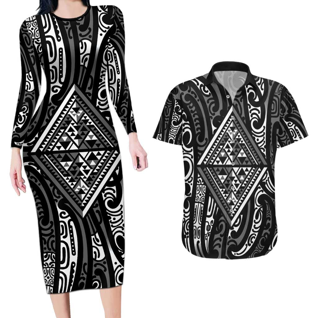 New Zealand Maori Taniko Couples Matching Long Sleeve Bodycon Dress and Hawaiian Shirt Black Kowhaiwhai Puhoro LT9 Black - Polynesian Pride