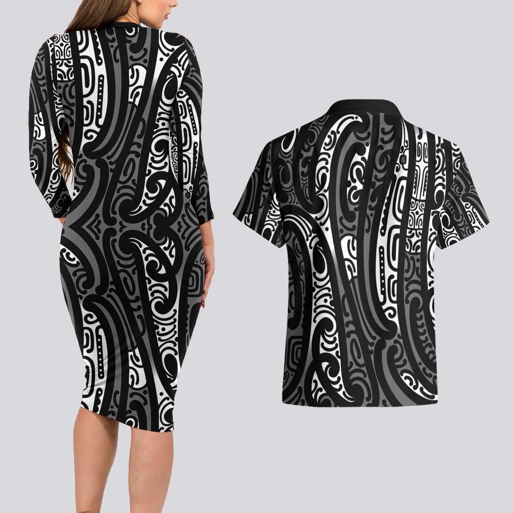 New Zealand Maori Taniko Couples Matching Long Sleeve Bodycon Dress and Hawaiian Shirt Black Kowhaiwhai Puhoro LT9 - Polynesian Pride