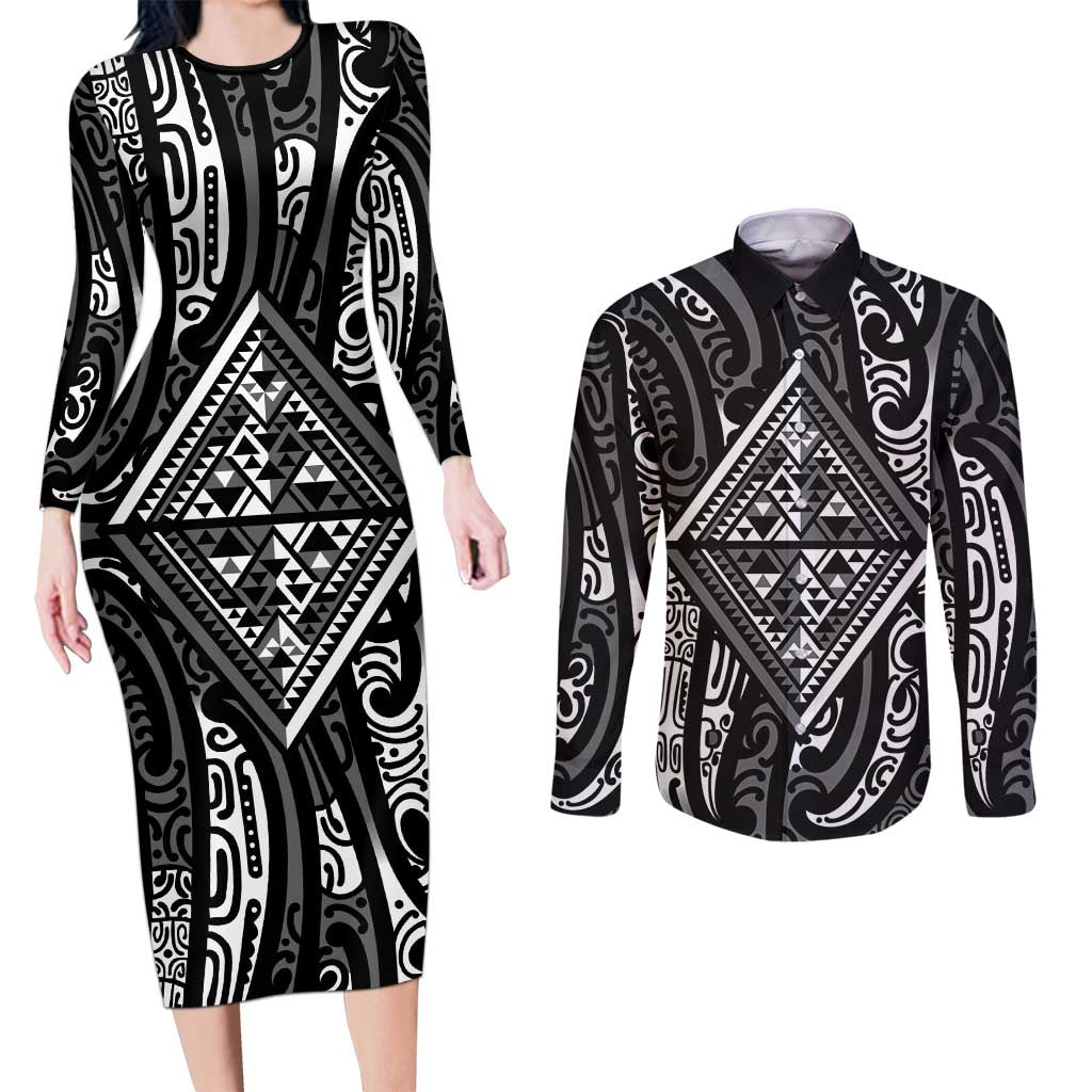 New Zealand Maori Taniko Couples Matching Long Sleeve Bodycon Dress and Long Sleeve Button Shirt Black Kowhaiwhai Puhoro LT9 Black - Polynesian Pride