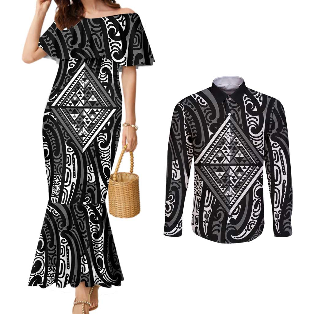 New Zealand Maori Taniko Couples Matching Mermaid Dress and Long Sleeve Button Shirt Black Kowhaiwhai Puhoro LT9 Black - Polynesian Pride