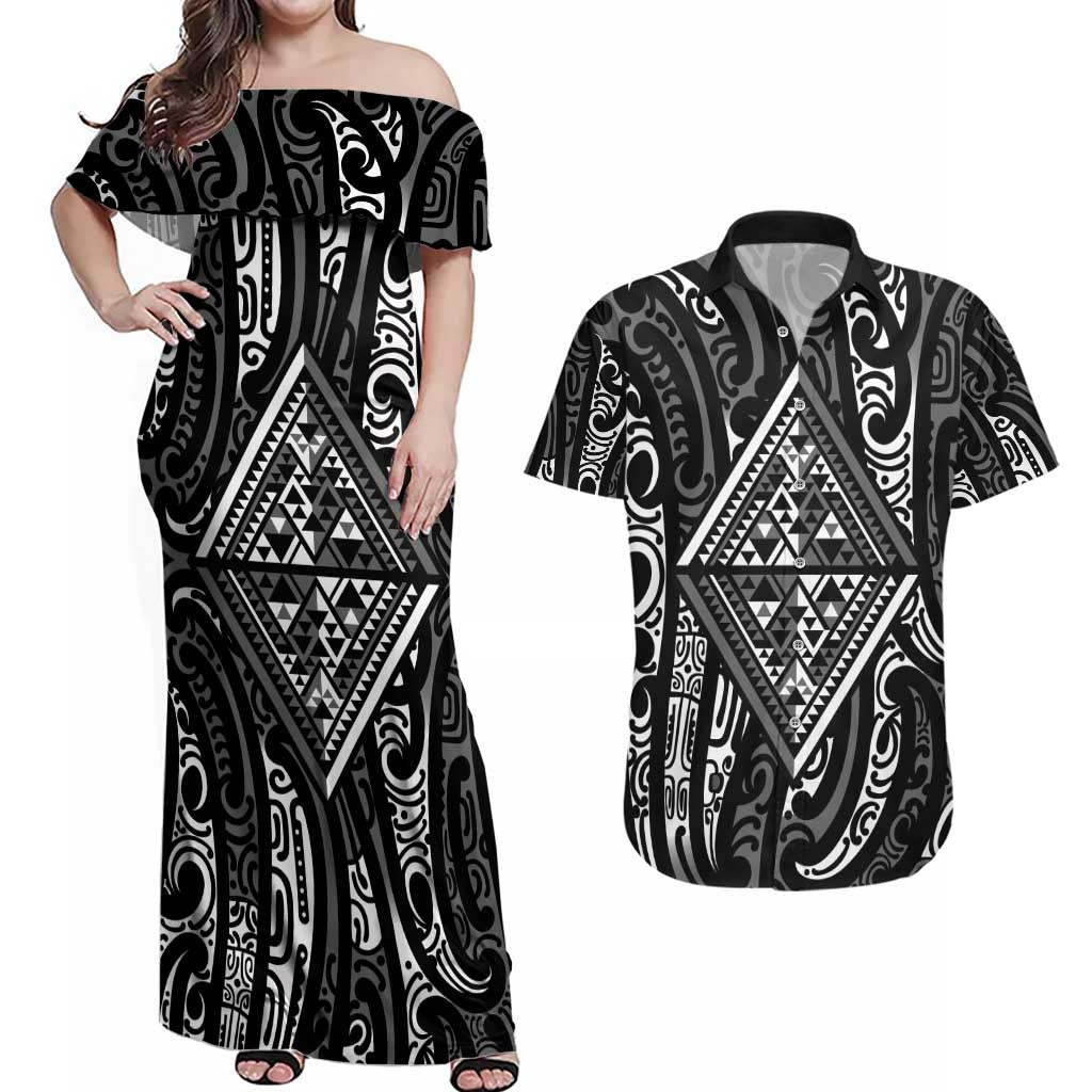 New Zealand Maori Taniko Couples Matching Off Shoulder Maxi Dress and Hawaiian Shirt Black Kowhaiwhai Puhoro LT9 Black - Polynesian Pride