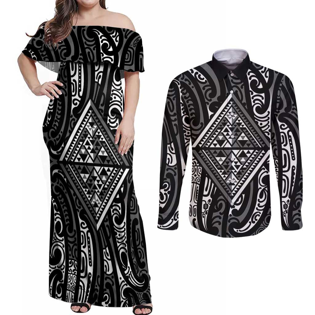 New Zealand Maori Taniko Couples Matching Off Shoulder Maxi Dress and Long Sleeve Button Shirt Black Kowhaiwhai Puhoro LT9 Black - Polynesian Pride