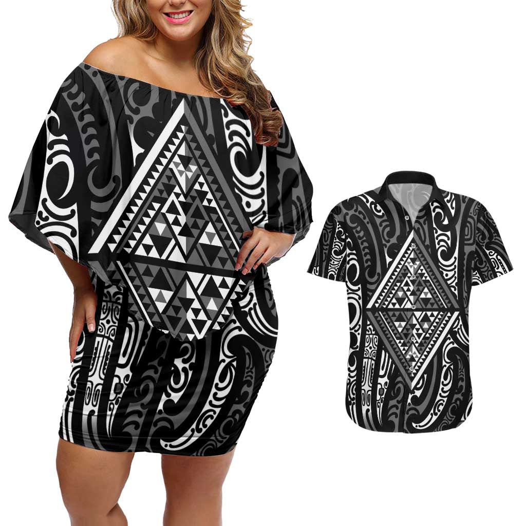 New Zealand Maori Taniko Couples Matching Off Shoulder Short Dress and Hawaiian Shirt Black Kowhaiwhai Puhoro LT9 Black - Polynesian Pride