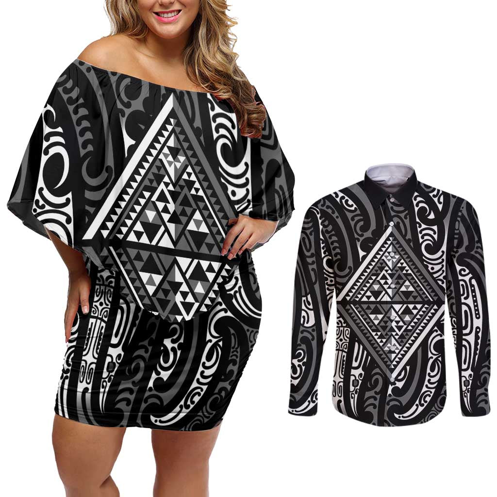 New Zealand Maori Taniko Couples Matching Off Shoulder Short Dress and Long Sleeve Button Shirt Black Kowhaiwhai Puhoro LT9 Black - Polynesian Pride