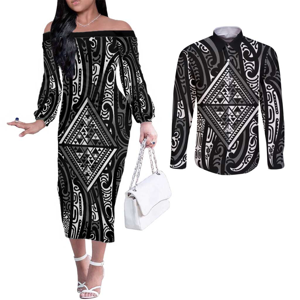 New Zealand Maori Taniko Couples Matching Off The Shoulder Long Sleeve Dress and Long Sleeve Button Shirt Black Kowhaiwhai Puhoro LT9 Black - Polynesian Pride
