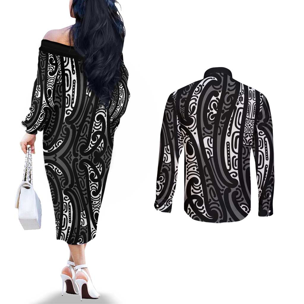 New Zealand Maori Taniko Couples Matching Off The Shoulder Long Sleeve Dress and Long Sleeve Button Shirt Black Kowhaiwhai Puhoro LT9 - Polynesian Pride
