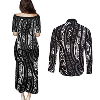 New Zealand Maori Taniko Couples Matching Puletasi and Long Sleeve Button Shirt Black Kowhaiwhai Puhoro LT9 - Polynesian Pride