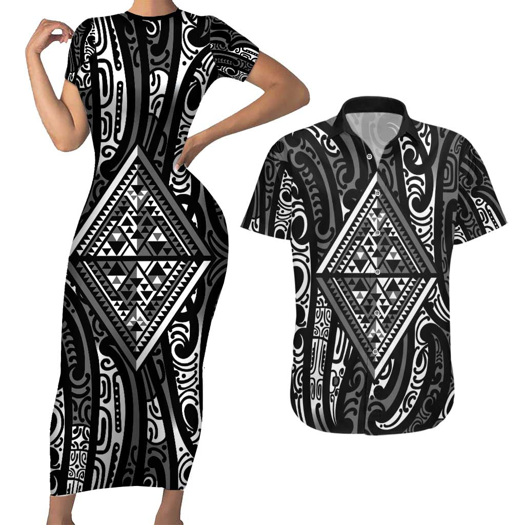 New Zealand Maori Taniko Couples Matching Short Sleeve Bodycon Dress and Hawaiian Shirt Black Kowhaiwhai Puhoro LT9 Black - Polynesian Pride