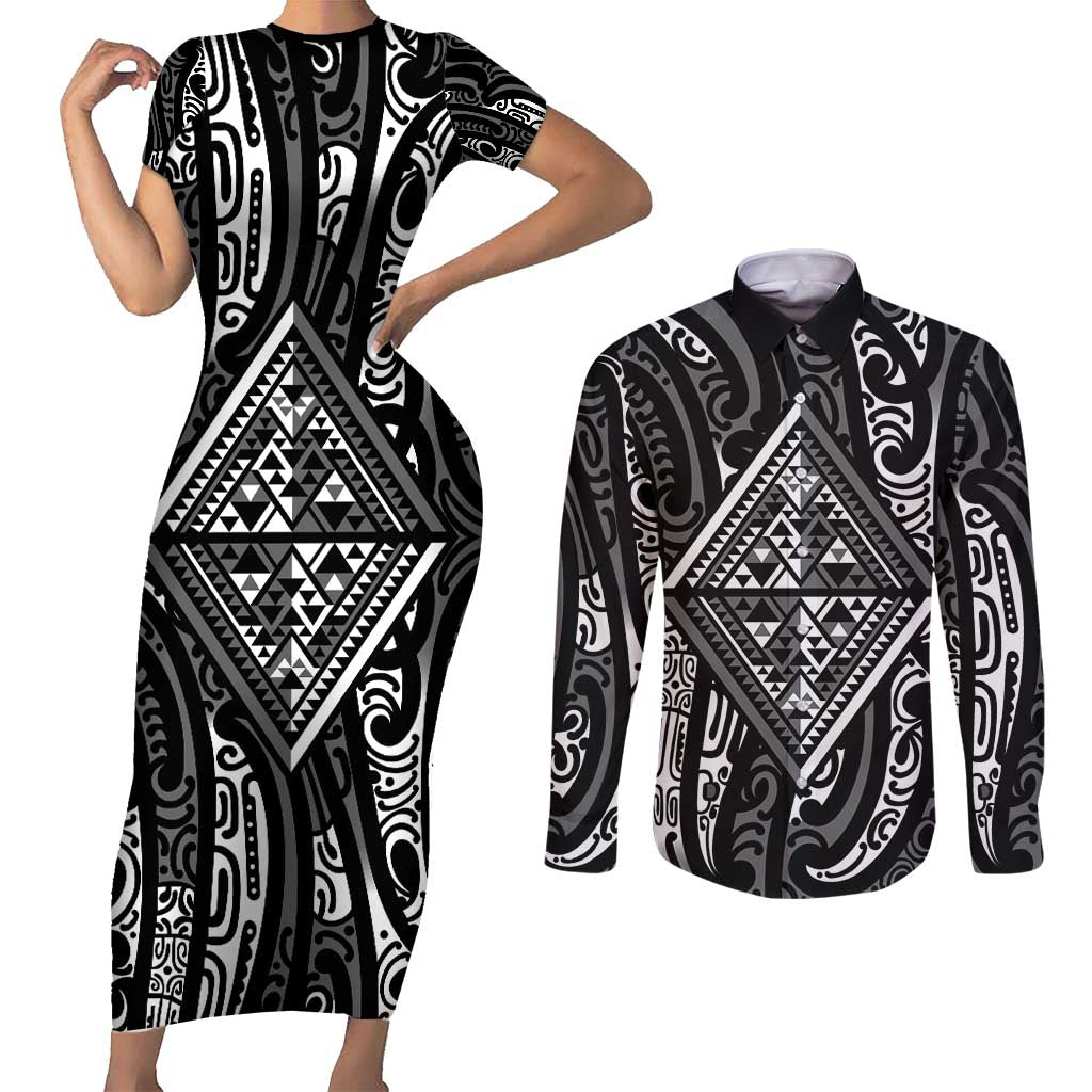 New Zealand Maori Taniko Couples Matching Short Sleeve Bodycon Dress and Long Sleeve Button Shirt Black Kowhaiwhai Puhoro LT9 Black - Polynesian Pride