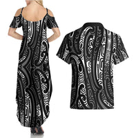 New Zealand Maori Taniko Couples Matching Summer Maxi Dress and Hawaiian Shirt Black Kowhaiwhai Puhoro LT9 - Polynesian Pride