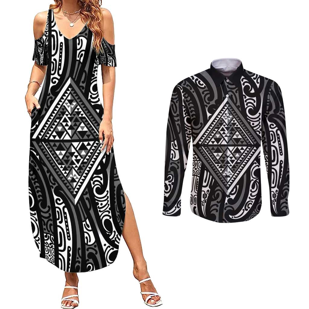 New Zealand Maori Taniko Couples Matching Summer Maxi Dress and Long Sleeve Button Shirt Black Kowhaiwhai Puhoro LT9 Black - Polynesian Pride