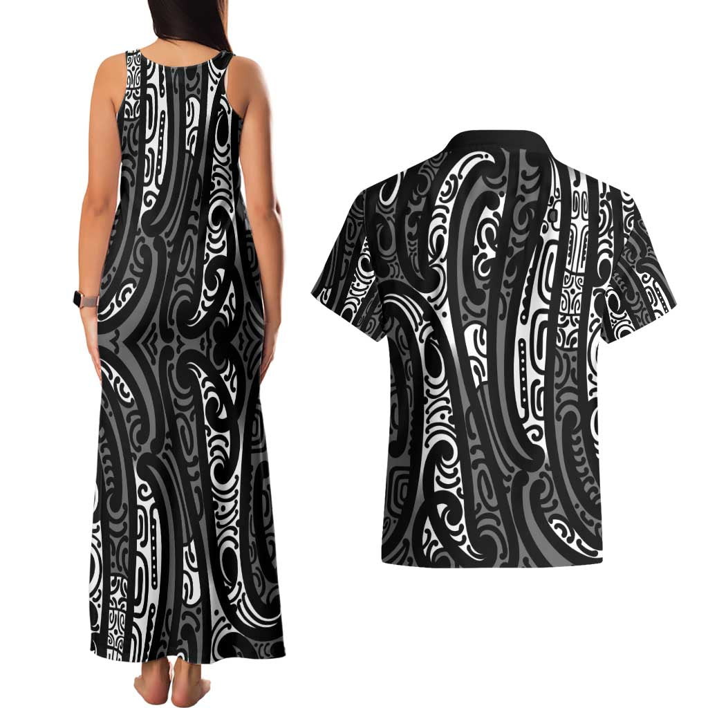 New Zealand Maori Taniko Couples Matching Tank Maxi Dress and Hawaiian Shirt Black Kowhaiwhai Puhoro LT9 - Polynesian Pride