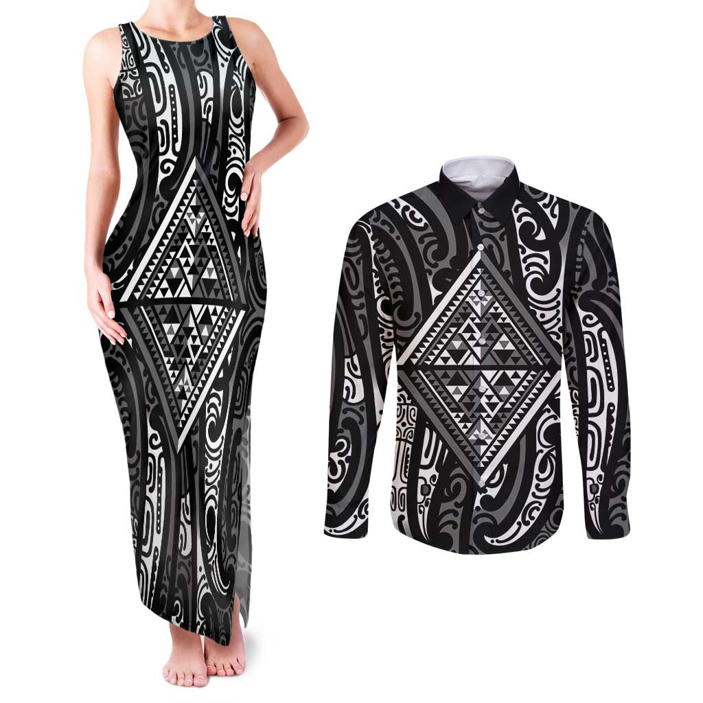 New Zealand Maori Taniko Couples Matching Tank Maxi Dress and Long Sleeve Button Shirt Black Kowhaiwhai Puhoro LT9 Black - Polynesian Pride
