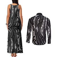 New Zealand Maori Taniko Couples Matching Tank Maxi Dress and Long Sleeve Button Shirt Black Kowhaiwhai Puhoro LT9 - Polynesian Pride