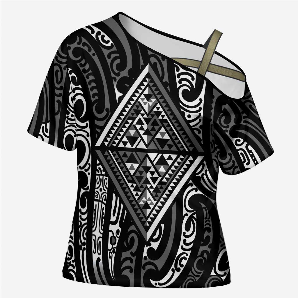 New Zealand Maori Taniko Cross Shoulder Shirt Black Kowhaiwhai Puhoro LT9 Female Black - Polynesian Pride