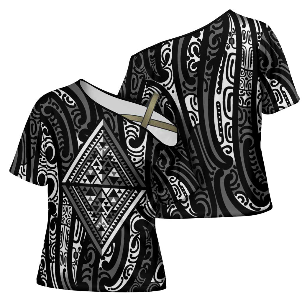 New Zealand Maori Taniko Cross Shoulder Shirt Black Kowhaiwhai Puhoro LT9 - Polynesian Pride