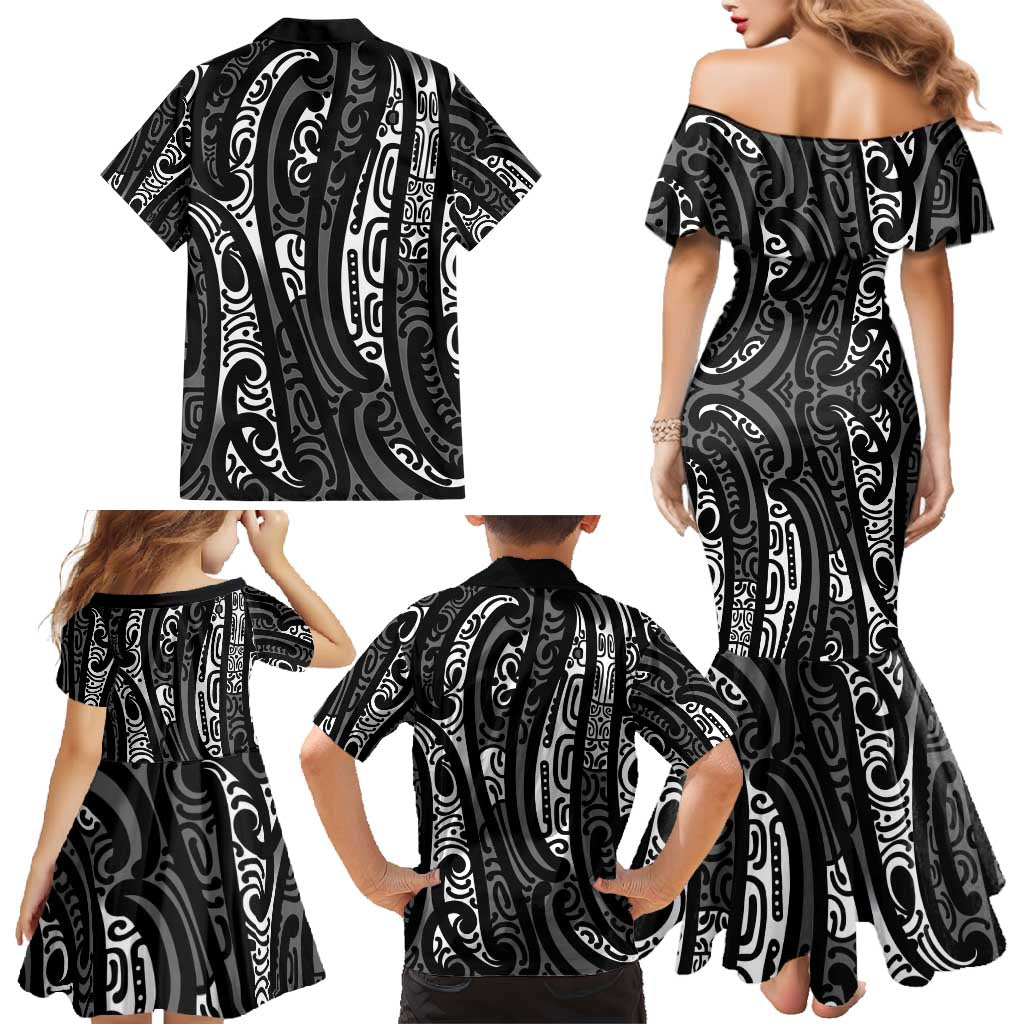 New Zealand Maori Taniko Family Matching Mermaid Dress and Hawaiian Shirt Black Kowhaiwhai Puhoro LT9 - Polynesian Pride