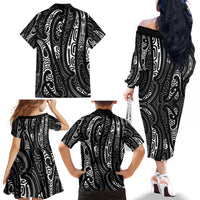 New Zealand Maori Taniko Family Matching Off The Shoulder Long Sleeve Dress and Hawaiian Shirt Black Kowhaiwhai Puhoro LT9 - Polynesian Pride