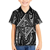 New Zealand Maori Taniko Family Matching Off Shoulder Maxi Dress and Hawaiian Shirt Black Kowhaiwhai Puhoro LT9 Son's Shirt Black - Polynesian Pride