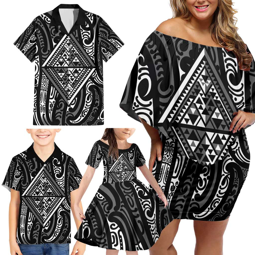 New Zealand Maori Taniko Family Matching Off Shoulder Short Dress and Hawaiian Shirt Black Kowhaiwhai Puhoro LT9 - Polynesian Pride