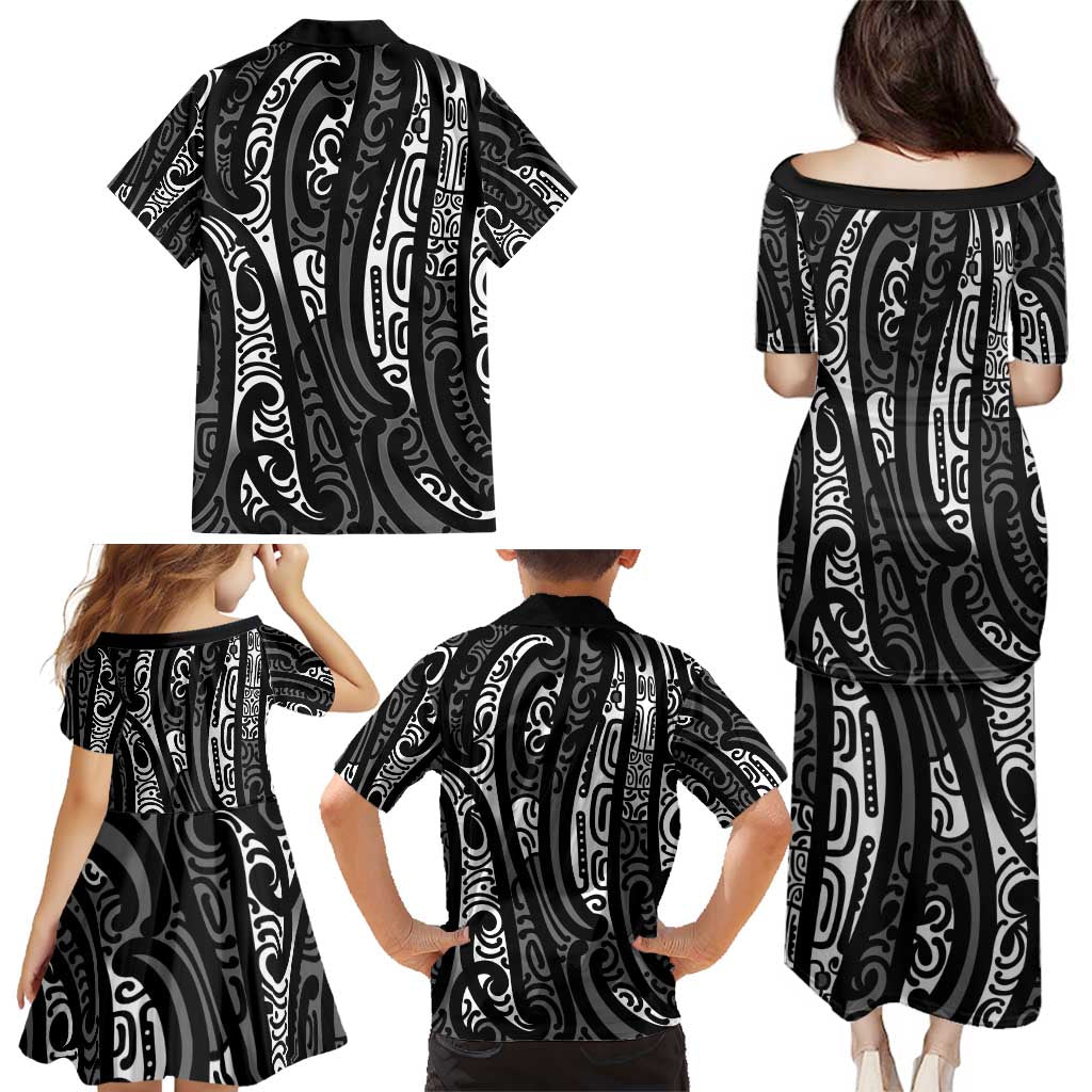 New Zealand Maori Taniko Family Matching Puletasi and Hawaiian Shirt Black Kowhaiwhai Puhoro LT9 - Polynesian Pride