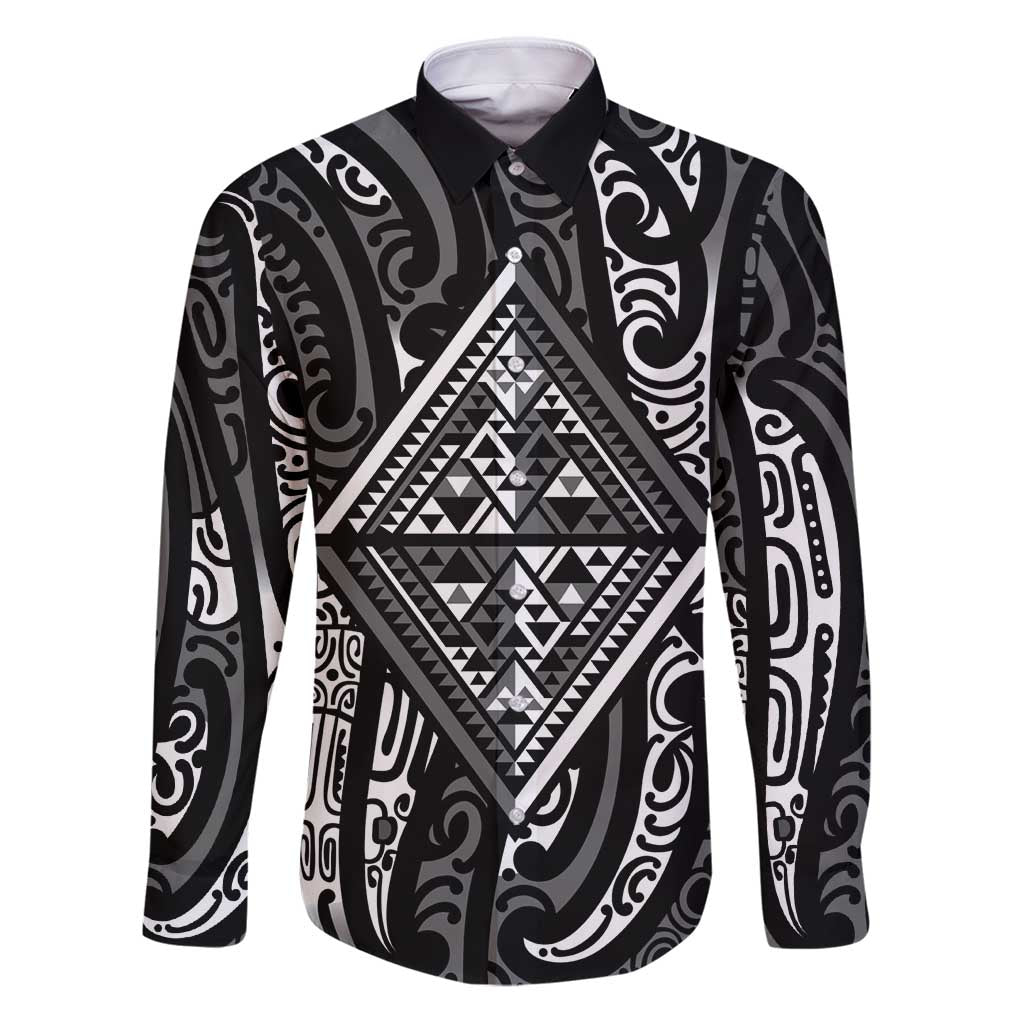 New Zealand Maori Taniko Family Matching Puletasi and Hawaiian Shirt Black Kowhaiwhai Puhoro LT9 Dad's Shirt - Long Sleeve Black - Polynesian Pride