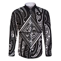 New Zealand Maori Taniko Family Matching Puletasi and Hawaiian Shirt Black Kowhaiwhai Puhoro LT9 Dad's Shirt - Long Sleeve Black - Polynesian Pride