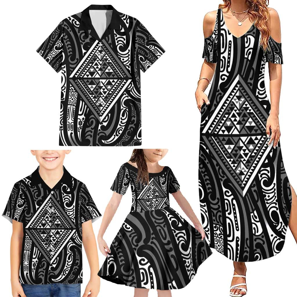 New Zealand Maori Taniko Family Matching Summer Maxi Dress and Hawaiian Shirt Black Kowhaiwhai Puhoro LT9 - Polynesian Pride