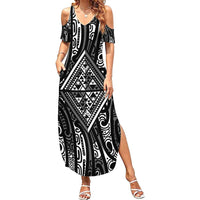 New Zealand Maori Taniko Family Matching Summer Maxi Dress and Hawaiian Shirt Black Kowhaiwhai Puhoro LT9 Mom's Dress Black - Polynesian Pride