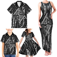 New Zealand Maori Taniko Family Matching Tank Maxi Dress and Hawaiian Shirt Black Kowhaiwhai Puhoro LT9 - Polynesian Pride
