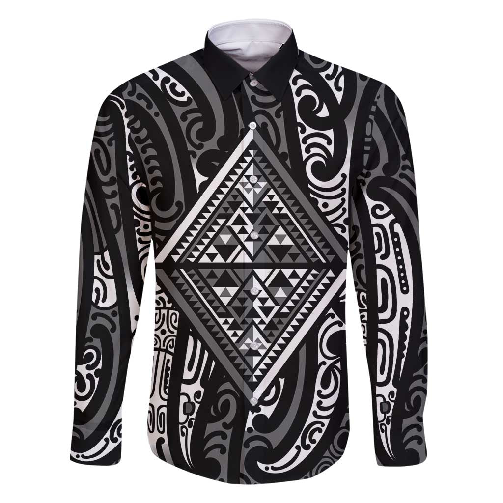 New Zealand Maori Taniko Family Matching Tank Maxi Dress and Hawaiian Shirt Black Kowhaiwhai Puhoro LT9 Dad's Shirt - Long Sleeve Black - Polynesian Pride