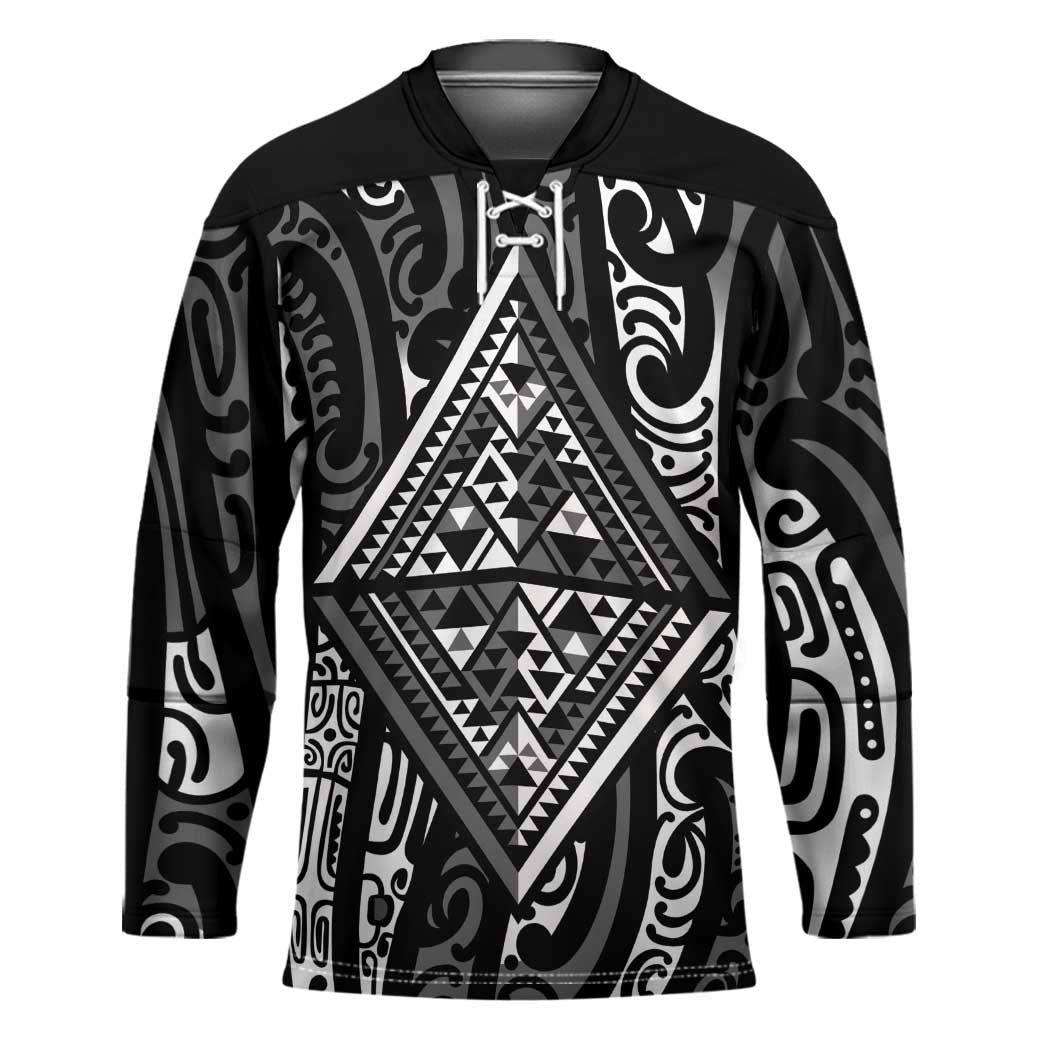 New Zealand Maori Taniko Hockey Jersey Black Kowhaiwhai Puhoro LT9 Unisex Black - Polynesian Pride