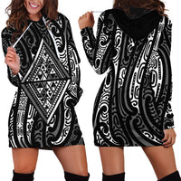New Zealand Maori Taniko Hoodie Dress Black Kowhaiwhai Puhoro LT9 - Polynesian Pride