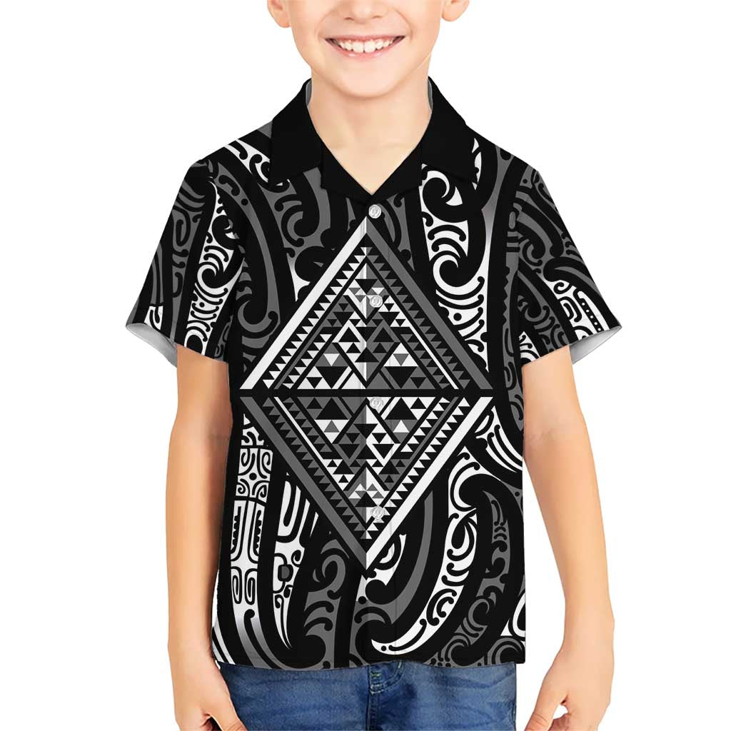 New Zealand Maori Taniko Kid Hawaiian Shirt Black Kowhaiwhai Puhoro LT9 Kid Black - Polynesian Pride