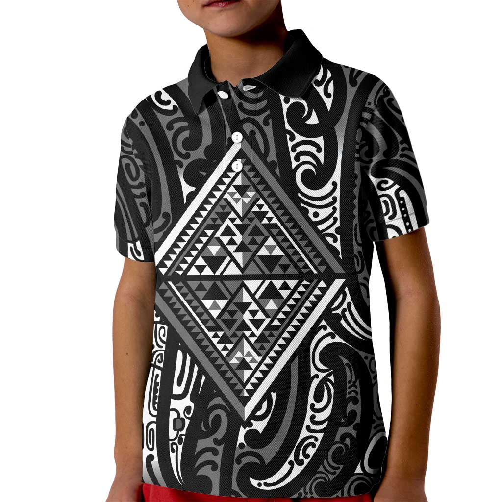 New Zealand Maori Taniko Kid Polo Shirt Black Kowhaiwhai Puhoro LT9 Kid Black - Polynesian Pride