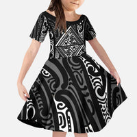 New Zealand Maori Taniko Kid Short Sleeve Dress Black Kowhaiwhai Puhoro LT9 KID Black - Polynesian Pride