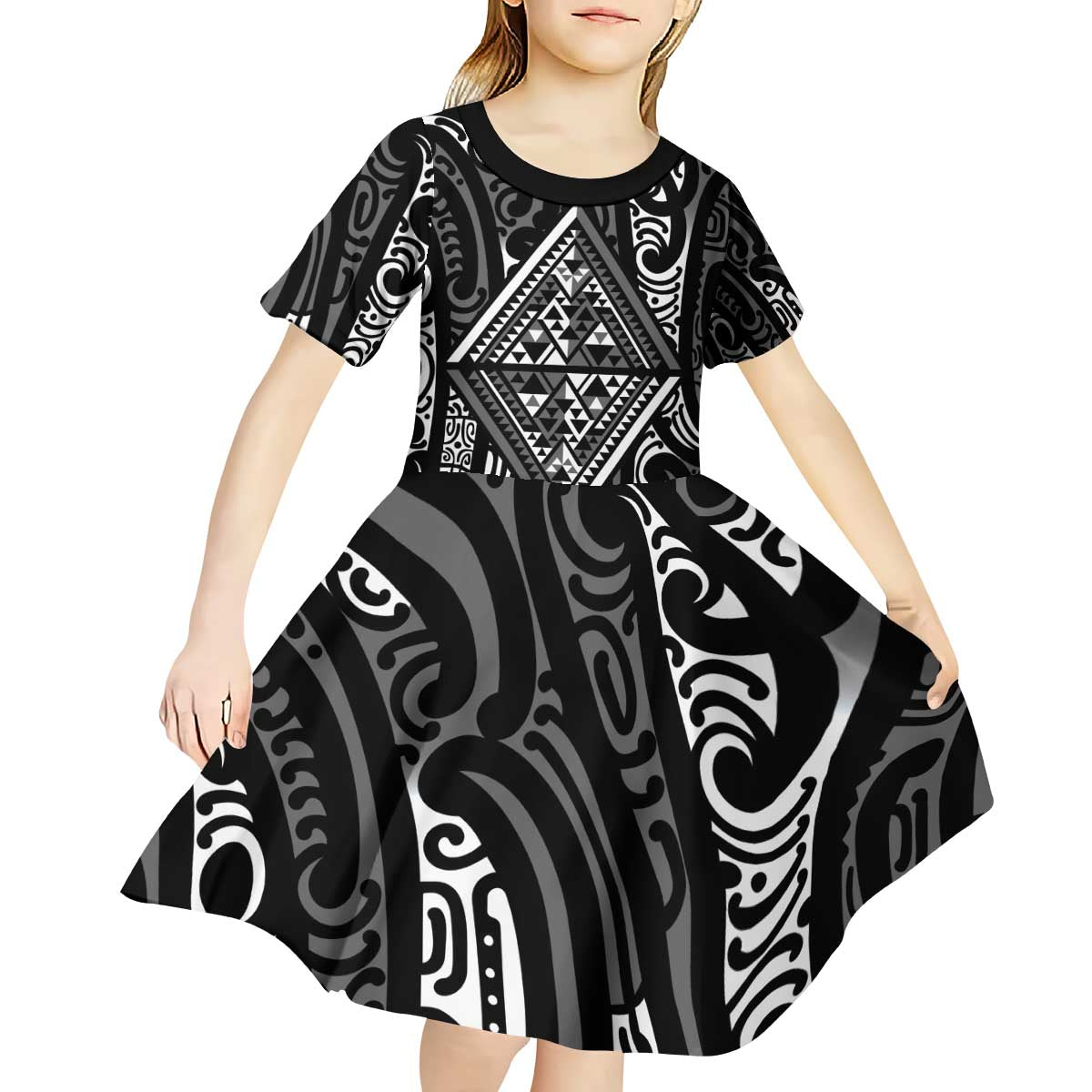 New Zealand Maori Taniko Kid Short Sleeve Dress Black Kowhaiwhai Puhoro LT9 - Polynesian Pride
