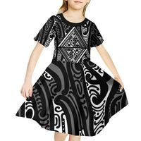 New Zealand Maori Taniko Kid Short Sleeve Dress Black Kowhaiwhai Puhoro LT9 - Polynesian Pride
