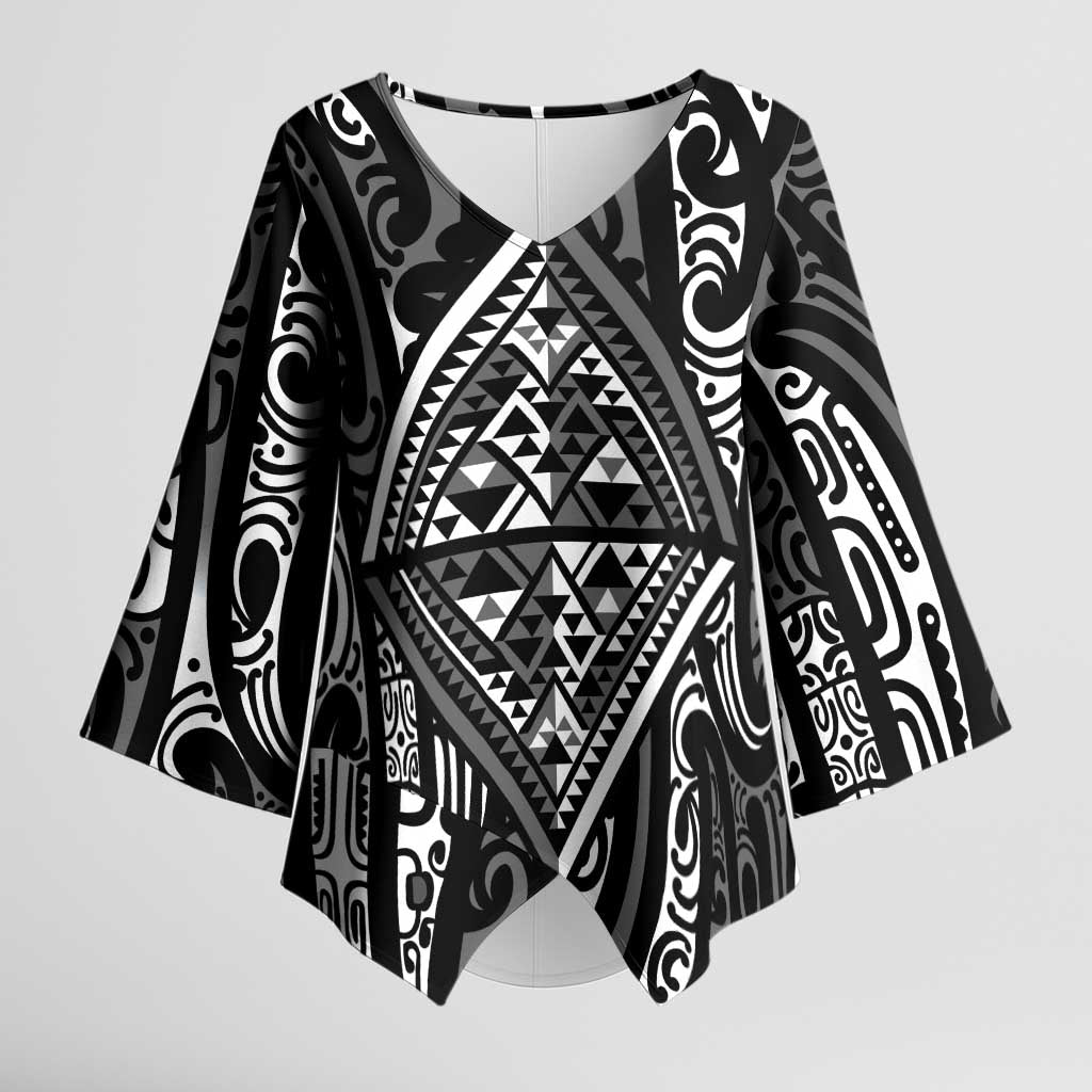 New Zealand Maori Taniko Kimono Sleeve Blouse Black Kowhaiwhai Puhoro LT9 Female Black - Polynesian Pride