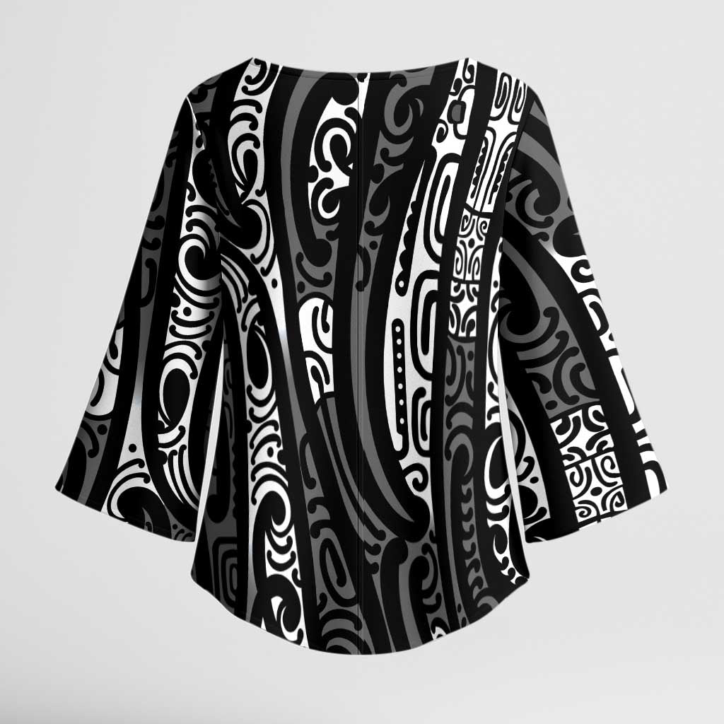 New Zealand Maori Taniko Kimono Sleeve Blouse Black Kowhaiwhai Puhoro LT9 - Polynesian Pride