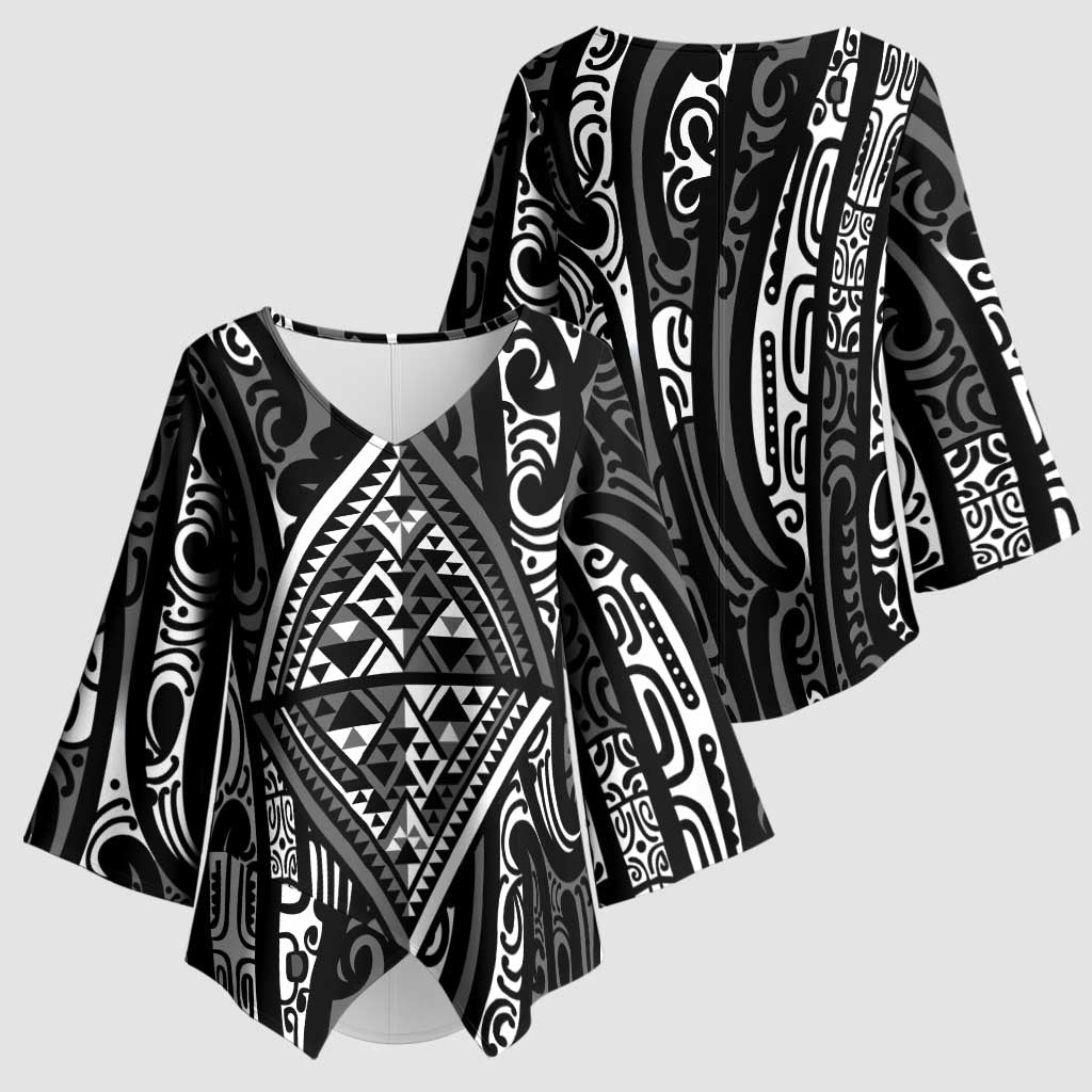 New Zealand Maori Taniko Kimono Sleeve Blouse Black Kowhaiwhai Puhoro LT9 - Polynesian Pride