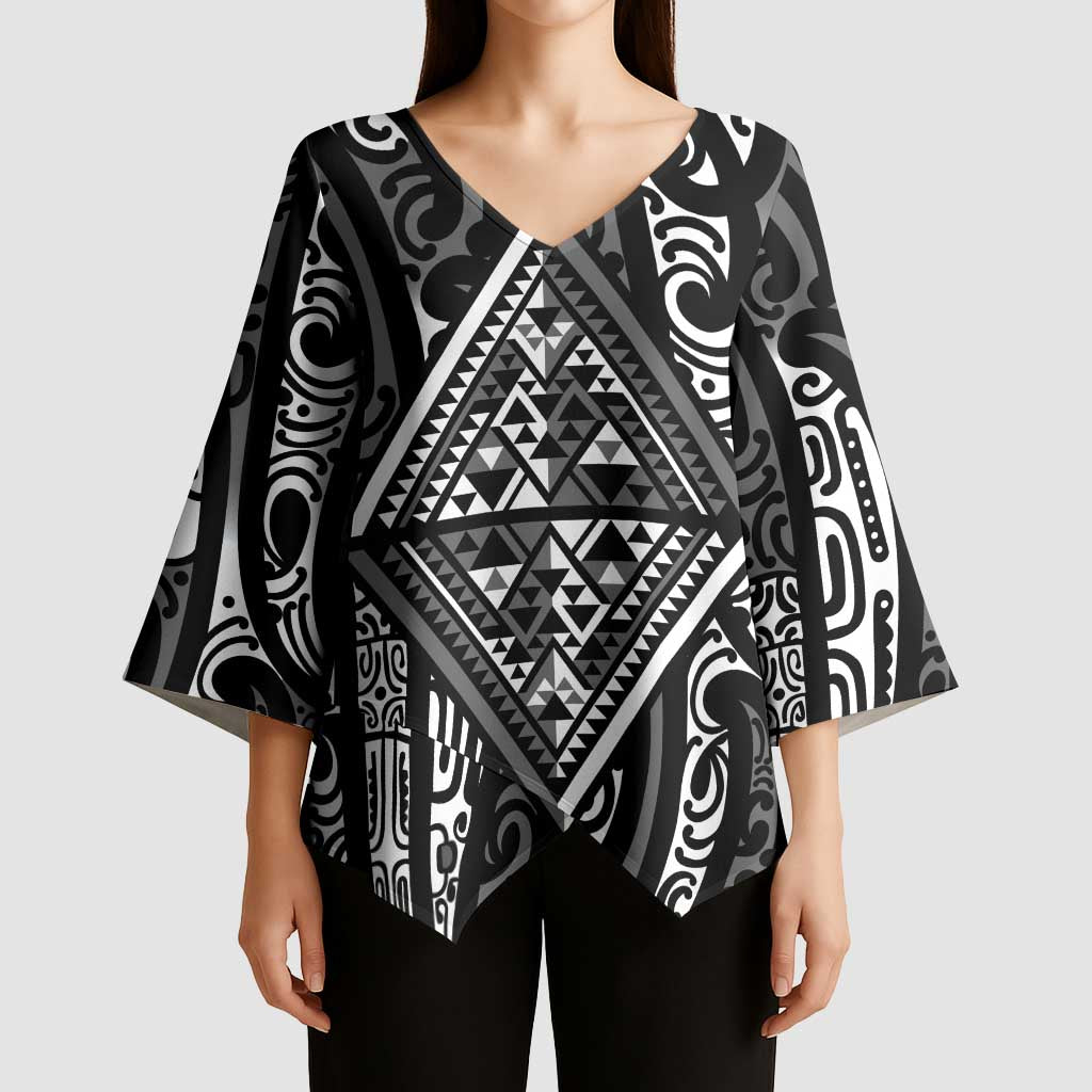 New Zealand Maori Taniko Kimono Sleeve Blouse Black Kowhaiwhai Puhoro LT9 - Polynesian Pride