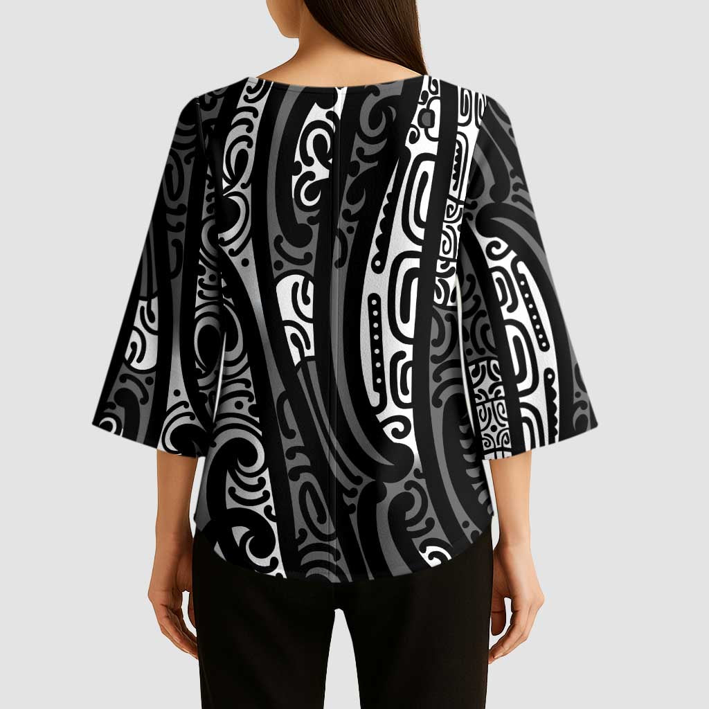 New Zealand Maori Taniko Kimono Sleeve Blouse Black Kowhaiwhai Puhoro LT9 - Polynesian Pride