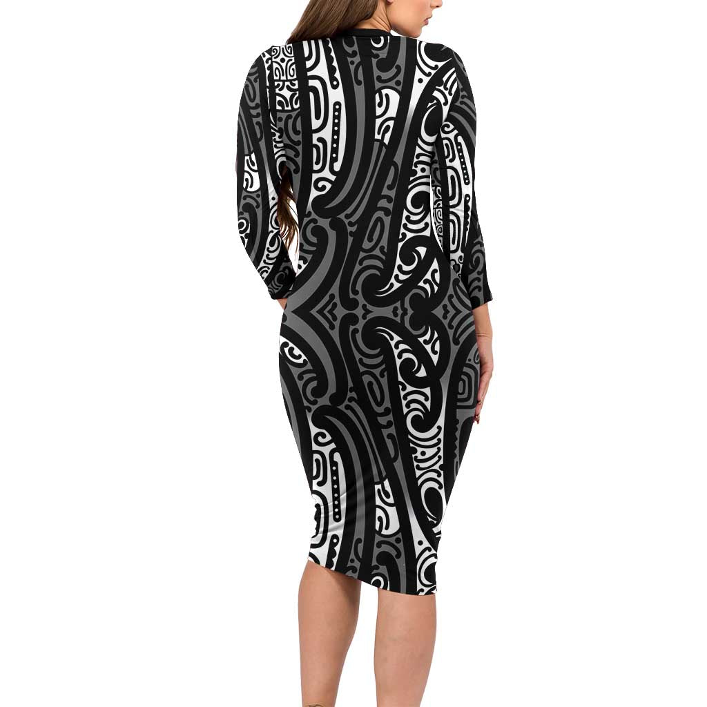 New Zealand Maori Taniko Long Sleeve Bodycon Dress Black Kowhaiwhai Puhoro LT9 - Polynesian Pride
