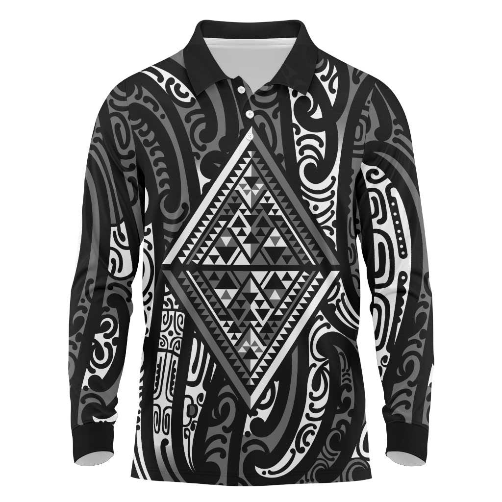 New Zealand Maori Taniko Long Sleeve Polo Shirt Black Kowhaiwhai Puhoro LT9 Black - Polynesian Pride