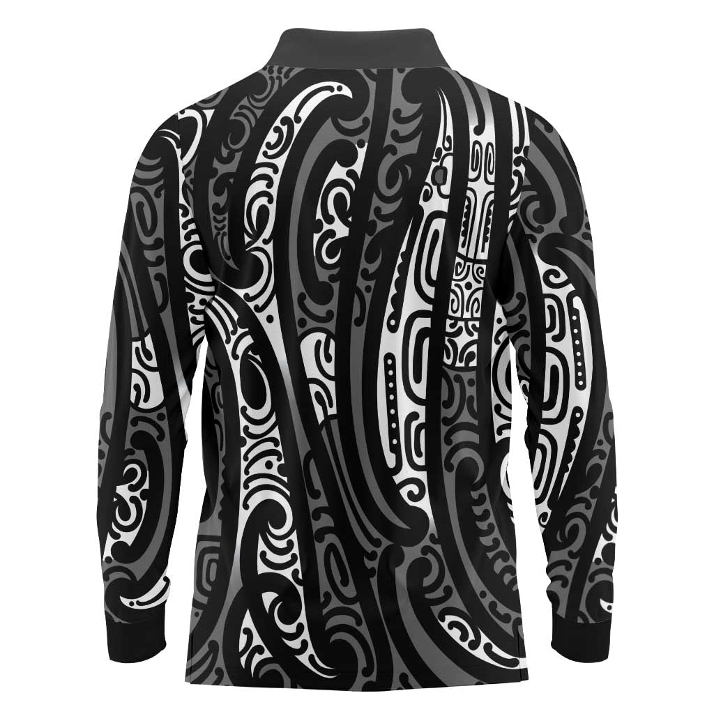 New Zealand Maori Taniko Long Sleeve Polo Shirt Black Kowhaiwhai Puhoro LT9 - Polynesian Pride