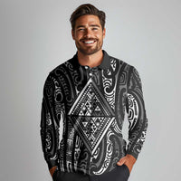 New Zealand Maori Taniko Long Sleeve Polo Shirt Black Kowhaiwhai Puhoro LT9 - Polynesian Pride