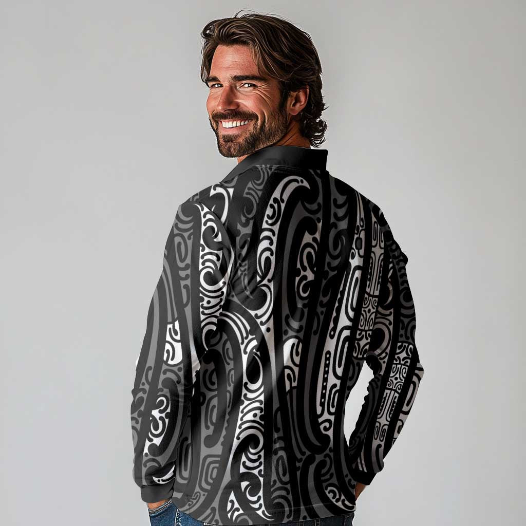 New Zealand Maori Taniko Long Sleeve Polo Shirt Black Kowhaiwhai Puhoro LT9 - Polynesian Pride