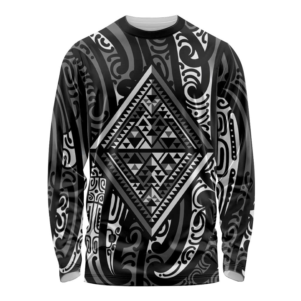 New Zealand Maori Taniko Long Sleeve Shirt Black Kowhaiwhai Puhoro LT9 Unisex Black - Polynesian Pride